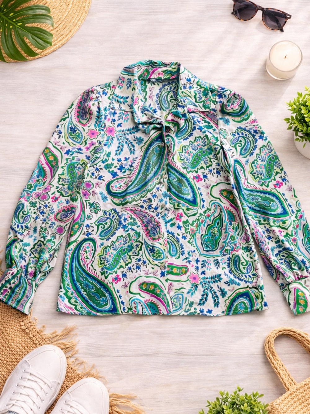 Zara Cream Paisley Tie-Neck Blouse Jacket with Green & Pink Accents